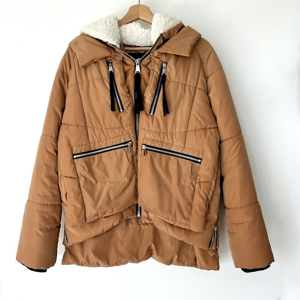 7 For All Mankind Puffer Sherpa-Lined Hooded Jacket Camel Brown Sz M Zip Pockets